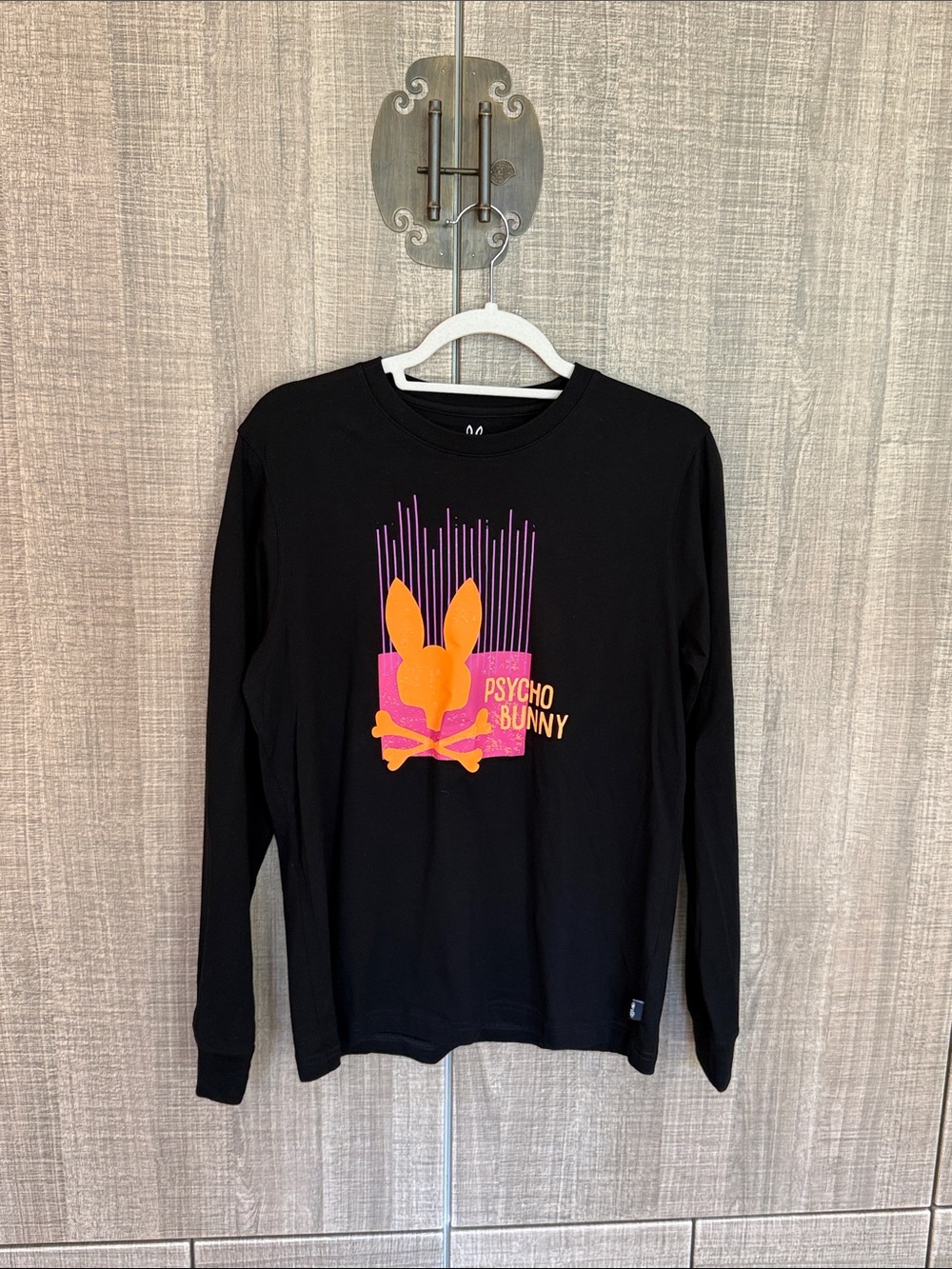 Psycho Bunny Black Long-Sleeve Tee with Orange & Pink Logo